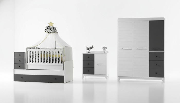 Conjunto de habitación infantil moderna que consta de cama infantil, armario, cómoda, 3 piezas, nuevo.