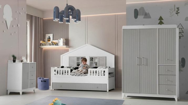 Conjunto de dormitorio para niños de 3 piezas elegante: cómoda, armario, cama clara.