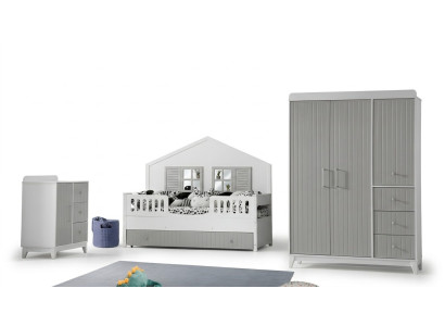 Conjunto de dormitorio para niños de 3 piezas elegante: cómoda, armario, cama clara.