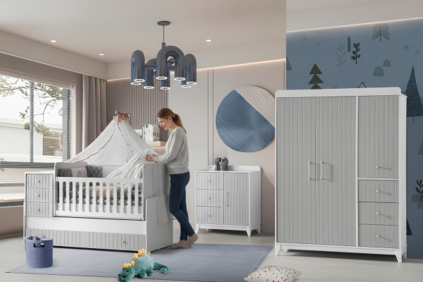 Juego completo para habitación infantil: cómoda, armario, cama infantil color gris.