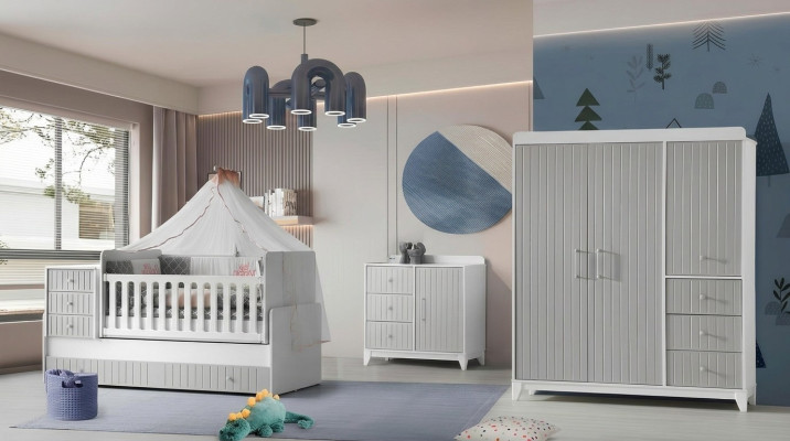 Juego completo para habitación infantil: cómoda, armario, cama infantil color gris.