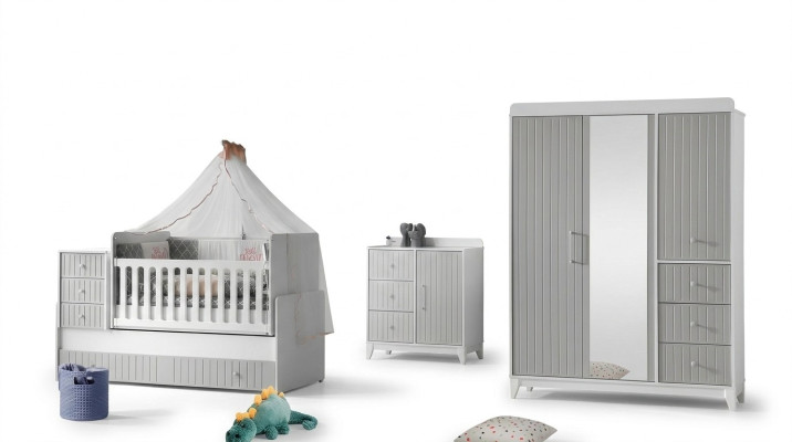 Juego completo para habitación infantil: cómoda, armario, cama infantil color gris.