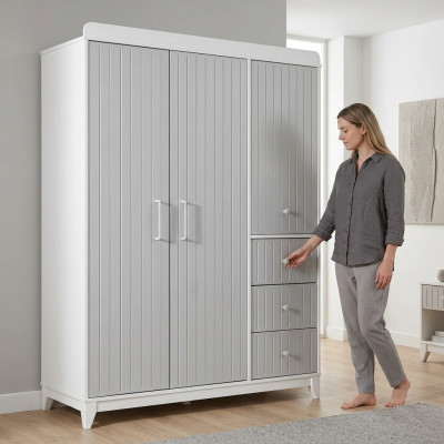 Moderno dormitorio infantil. Armario de lujo en gris con mucho espacio de almacenamiento.