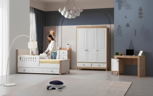 Lujo Conjunto de dormitorio infantil que consta de cama, armario, cómoda, mesa 4 piezas.