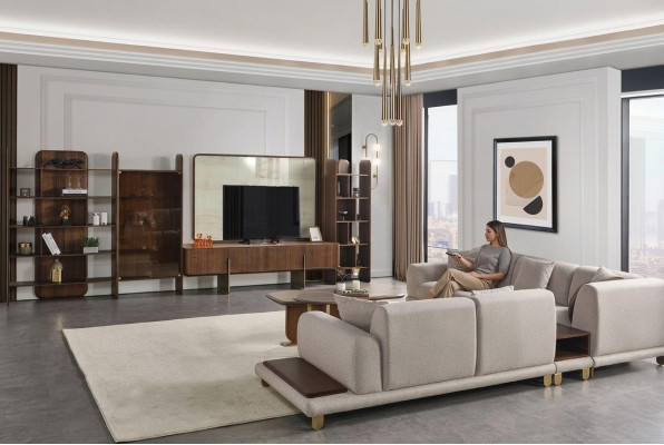 Elegante conjunto de sala de estar compuesto por mueble de pared, mesa de centro y mesa auxiliar.