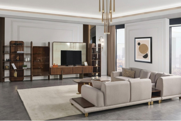 Elegante conjunto de sala de estar compuesto por mueble de pared, mesa de centro y mesa auxiliar.