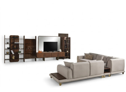 Elegante conjunto de sala de estar compuesto por mueble de pared, mesa de centro y mesa auxiliar.