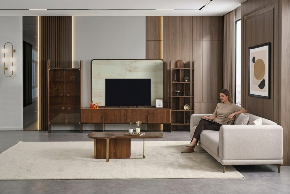 Juego de sala de estar de 6 piezas de Braun, compuesto por mueble de pared, mesa de centro y mesa auxiliar, todo nuevo.