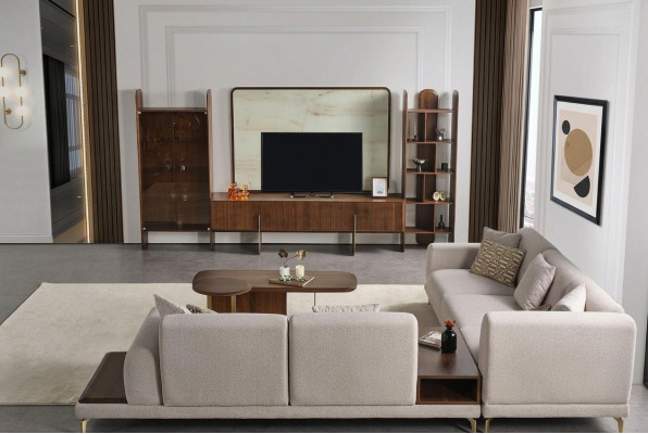 Juego de sala de estar de 6 piezas de Braun, compuesto por mueble de pared, mesa de centro y mesa auxiliar, todo nuevo.