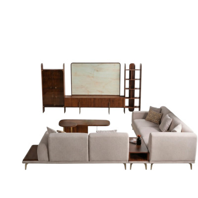 Juego de sala de estar de 6 piezas de Braun, compuesto por mueble de pared, mesa de centro y mesa auxiliar, todo nuevo.