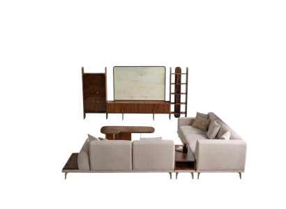 Juego de sala de estar de 6 piezas de Braun, compuesto por mueble de pared, mesa de centro y mesa auxiliar, todo nuevo.