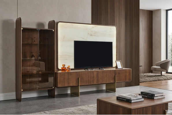 Conjunto de sala de estar consta de vitrina, bajo-mueble de TV y marco de TV 3 piezas. Nuevo.
