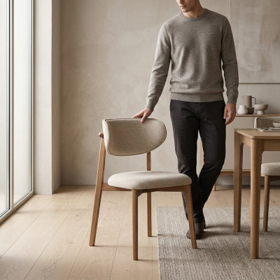 Silla de comedor elegante y confortable en beige de madera de calidad exclusiva.