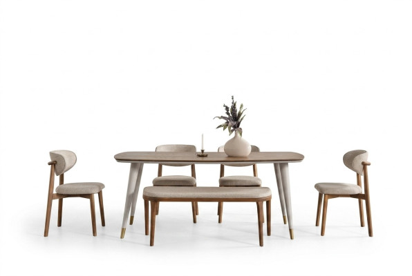 Elegante conjunto compuesto por mesa de comedor y 4 sillas + banco en tono beige para comedor.