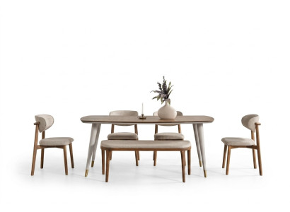 Elegante conjunto compuesto por mesa de comedor y 4 sillas + banco en tono beige para comedor.