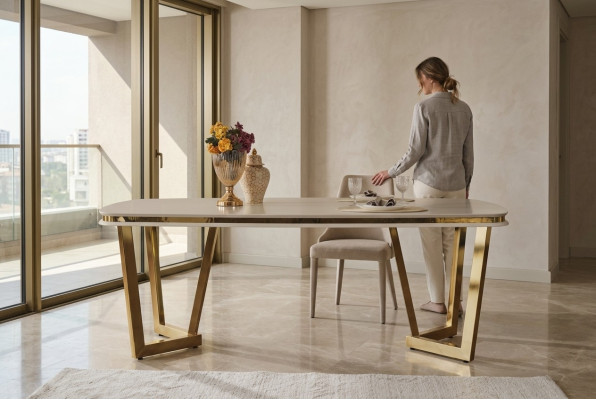 Mesa de comedor de madera comedor Mesas de comedor Estilo Moderno beige Diseño Acero inoxidable
