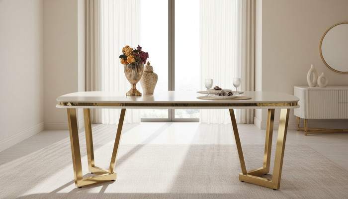 Mesa de comedor de madera comedor Mesas de comedor Estilo Moderno beige Diseño Acero inoxidable