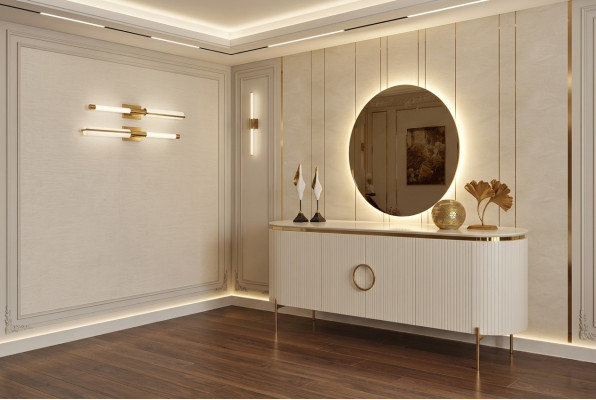 Consta de un conjunto de comedor. Consta de un aparador y espejo de color beige.