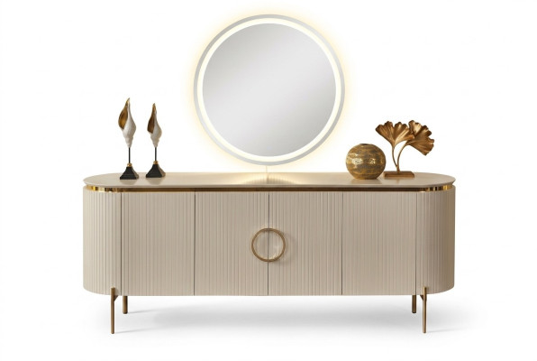 Consta de un conjunto de comedor. Consta de un aparador y espejo de color beige.