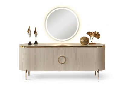 Consta de un conjunto de comedor. Consta de un aparador y espejo de color beige.