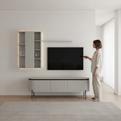 Juego de sala de estar perfecto consta de tablero bajo para TV y armario de pared de 2 piezas.