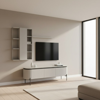 Juego de sala de estar perfecto consta de tablero bajo para TV y armario de pared de 2 piezas.