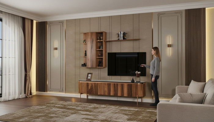 Conjunto perfecto de sala de estar consiste en un mueble bajo para TV marrón y un armario de pared.
