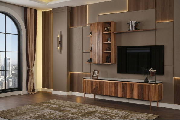 Conjunto perfecto de sala de estar consiste en un mueble bajo para TV marrón y un armario de pared.