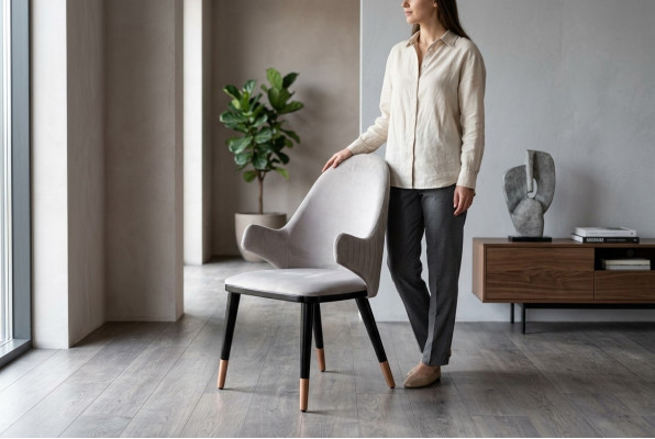 Elegante silla color gris cómodos muebles tapizados para el comedor nuevos.