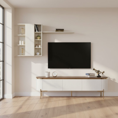 Conjunto de sala de estar compuesto por un mueble bajo para TV y un armario de pared con elementos dorados.