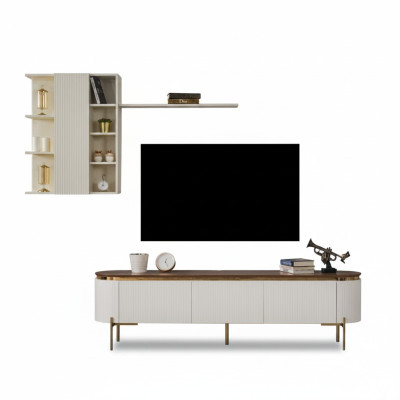 Conjunto de sala de estar compuesto por un mueble bajo para TV y un armario de pared con elementos dorados.