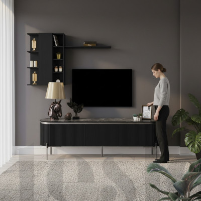 Salón de estar conjunto consta de TV de color negro Mueble bajo y armario de pared de 2 piezas.