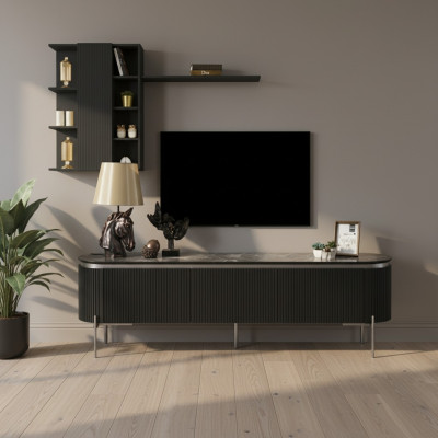 Salón de estar conjunto consta de TV de color negro Mueble bajo y armario de pared de 2 piezas.
