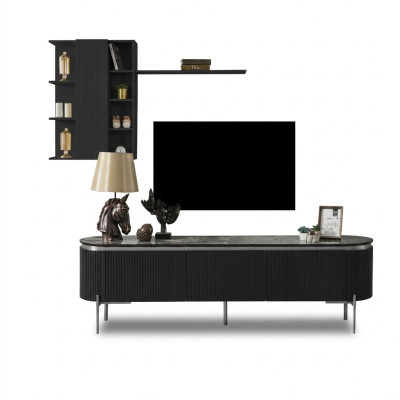 Salón de estar conjunto consta de TV de color negro Mueble bajo y armario de pared de 2 piezas.