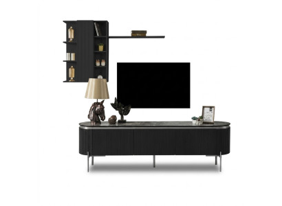 Salón de estar conjunto consta de TV de color negro Mueble bajo y armario de pared de 2 piezas.