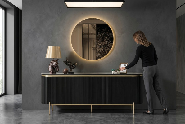 Conjunto de comedor moderno compuesto por cómoda negra y espejo 2 piezas.