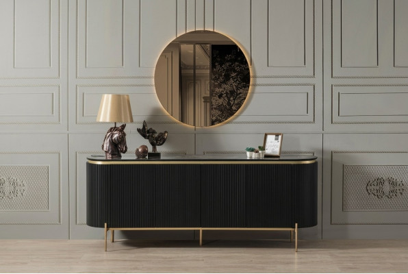Conjunto de comedor moderno compuesto por cómoda negra y espejo 2 piezas.