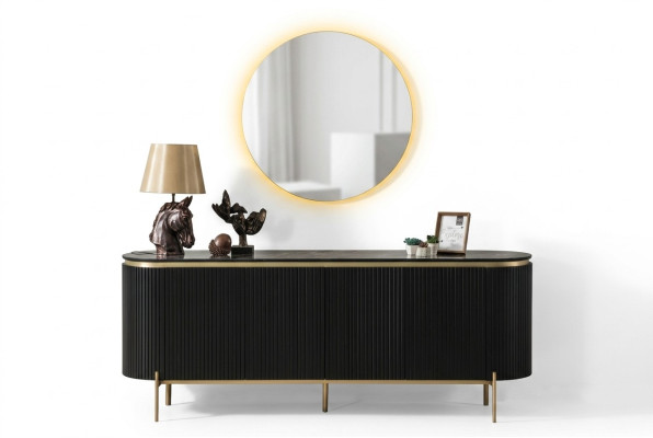Conjunto de comedor moderno compuesto por cómoda negra y espejo 2 piezas.