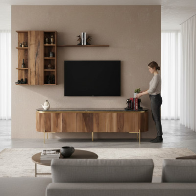 Conjunto de sala de estar compuesto por mueble bajo para TV + armario con estante de pared de 2 piezas. Nuevo.
