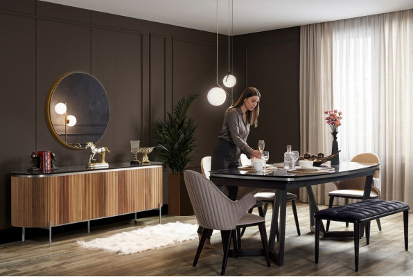 Conjunto de comedor elegante de 8 piezas: mesa de comedor, 4 sillas, aparador, espejo y banco nuevos.