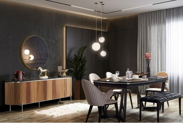 Conjunto de comedor elegante de 8 piezas: mesa de comedor, 4 sillas, aparador, espejo y banco nuevos.