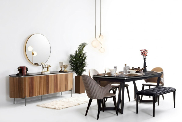 Conjunto de comedor elegante de 8 piezas: mesa de comedor, 4 sillas, aparador, espejo y banco nuevos.