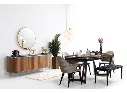 Conjunto de comedor elegante de 8 piezas: mesa de comedor, 4 sillas, aparador, espejo y banco nuevos.