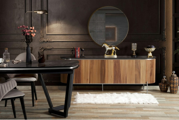Lujoso juego de comedor moderno que consta de cómoda negra y espejo.