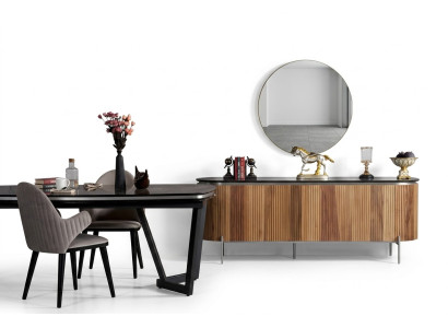 Lujoso juego de comedor moderno que consta de cómoda negra y espejo.