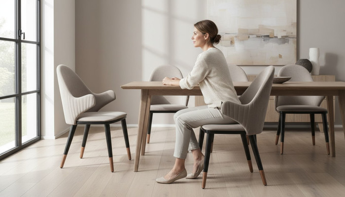 Silla exclusiva beige con diseño de patas de madera negra para comedor novedoso.