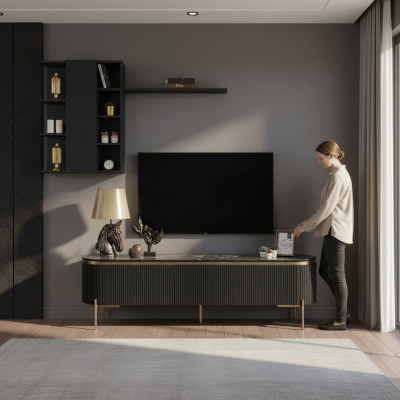 Conjunto de sala de estar de lujo de 2 piezas: mesa de TV y armario de pared con estante.