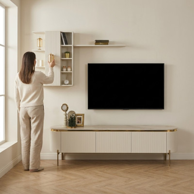 Conjunto de sala de 2 piezas. Incluye un mueble para TV y un armario de pared con estante nuevos.