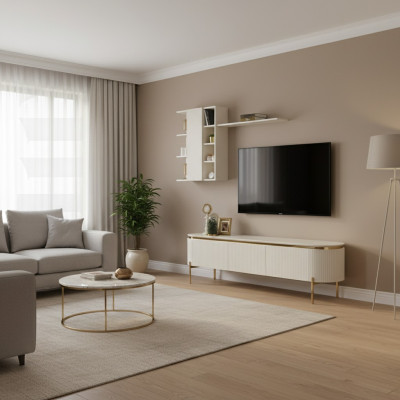 Conjunto de sala de 2 piezas. Incluye un mueble para TV y un armario de pared con estante nuevos.