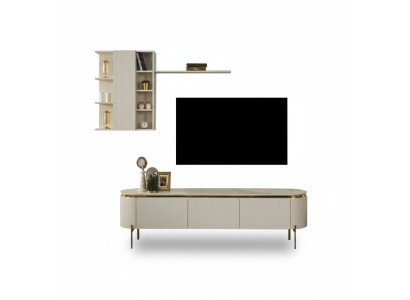 Conjunto de sala de 2 piezas. Incluye un mueble para TV y un armario de pared con estante nuevos.